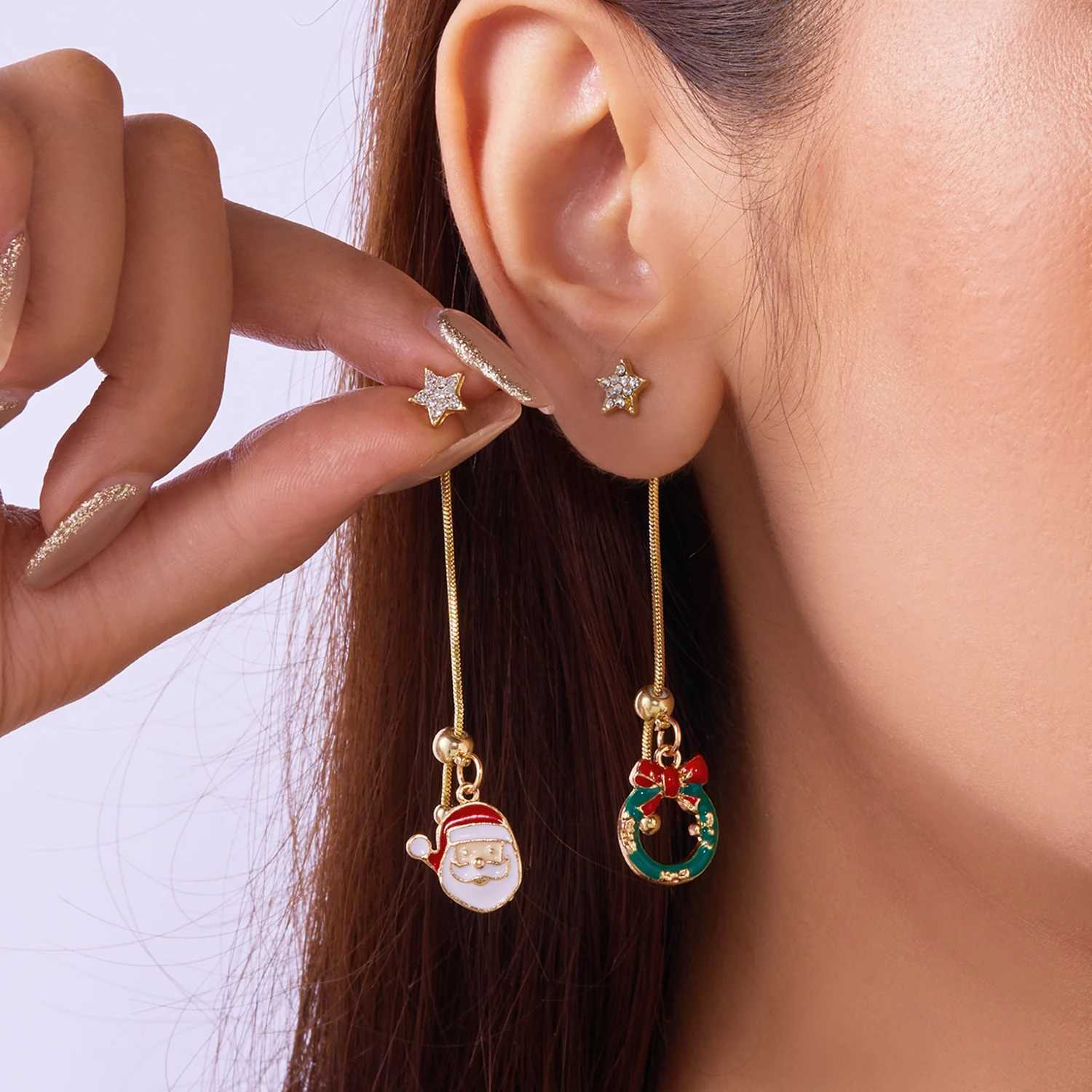 Moving Santa Claus Asymmetric Long Tassel Drop Earrings For Women Christmas Tree Snowflake Star Zircon Earring New Year Jewelry J251110