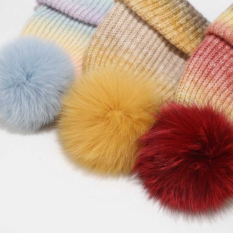 New Style Fox Fur Ball Knitted Hat Womens Fashion Colorblock Wool Hat Autumn Winter Outdoor Warm Hat Trendy H251020