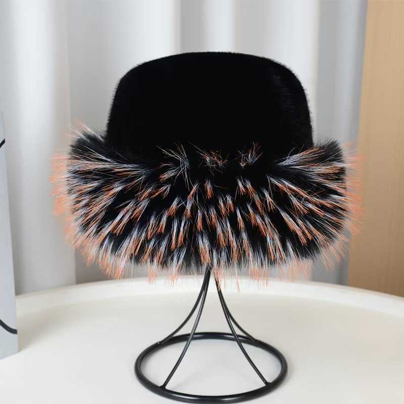 New Flat Top Hat Plush Hat Autumn Winter Thickened Warm Faux Mink Raccoon Fur Colorful Fur Tip H251020