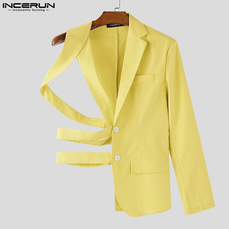 INCERUN Men Irregular Blazer Lapel Oneshoulder Long Sleeve Button Hollow Out Casual Suit Men Streetwear 2025 Fashion Thin Coats 251021