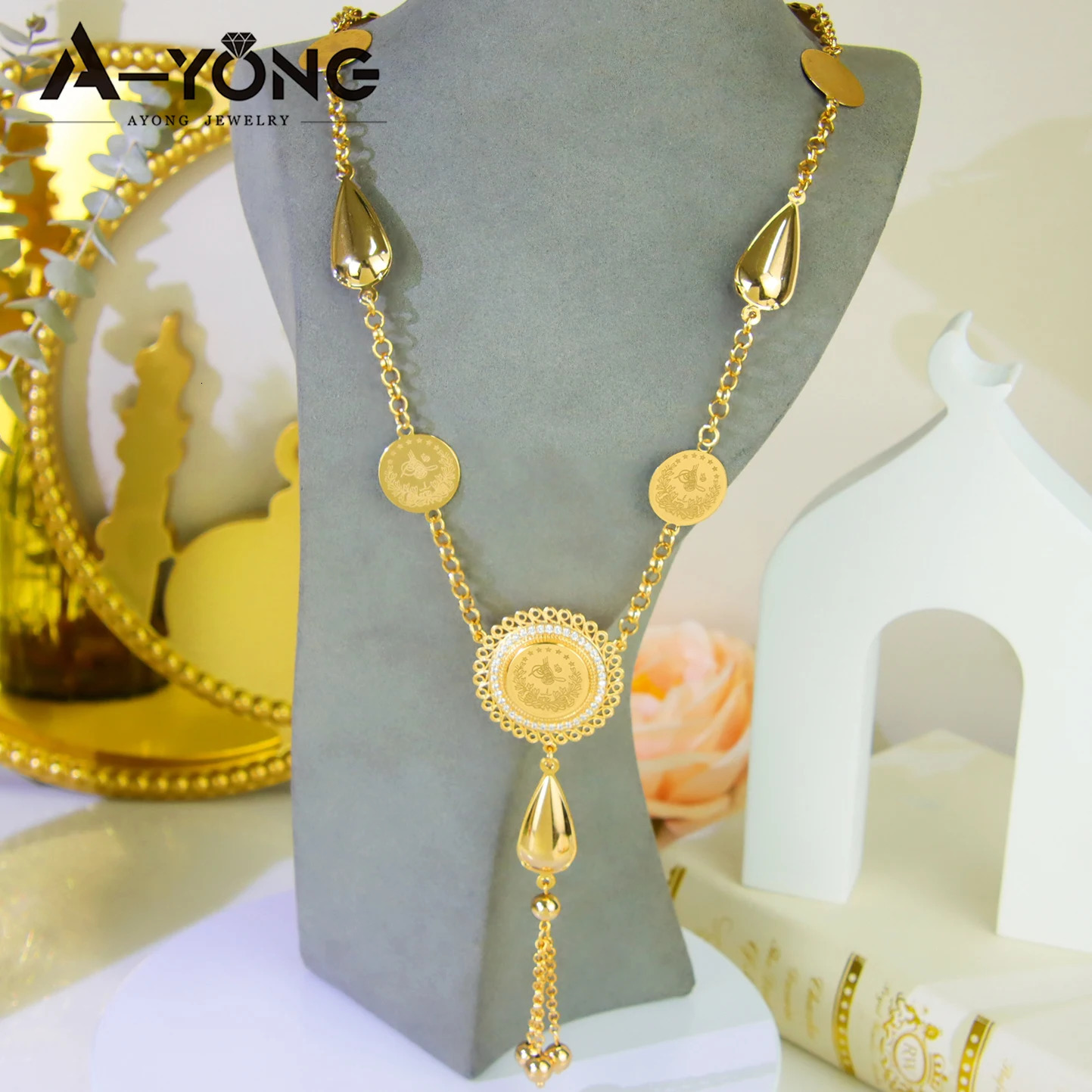 Middle Eastern Muslim Charm Necklace 21k Gold Plated Arabic Fashion Wedding Long Chains Algeria Women Wedding Party Jewelry 251015