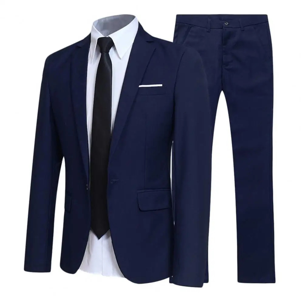 1 Set Men Jacket Pants Solid Color Turndown Collar Slim Fit Business Suit Set Groom Trousers for Wedding Office 251021