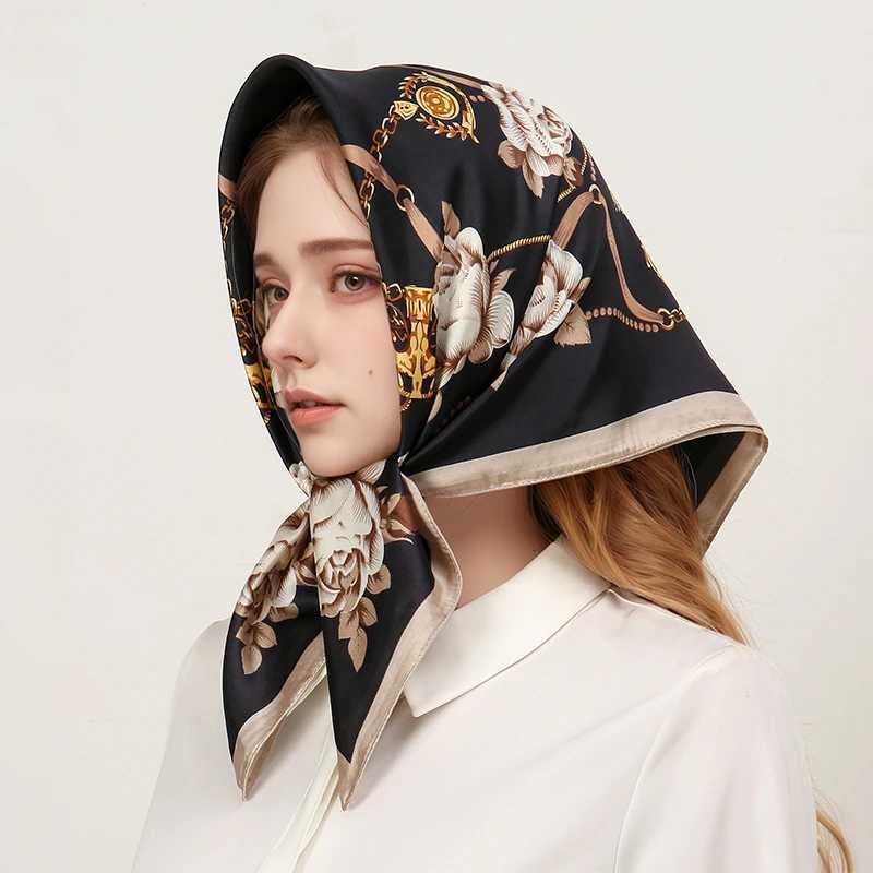 70x70cm Silk Scarf for Women Floral Printed Square Shawl Muslim Hijab Office Ladies Neck Scarf Hair Bandana Gift Muffler Foulard W251021
