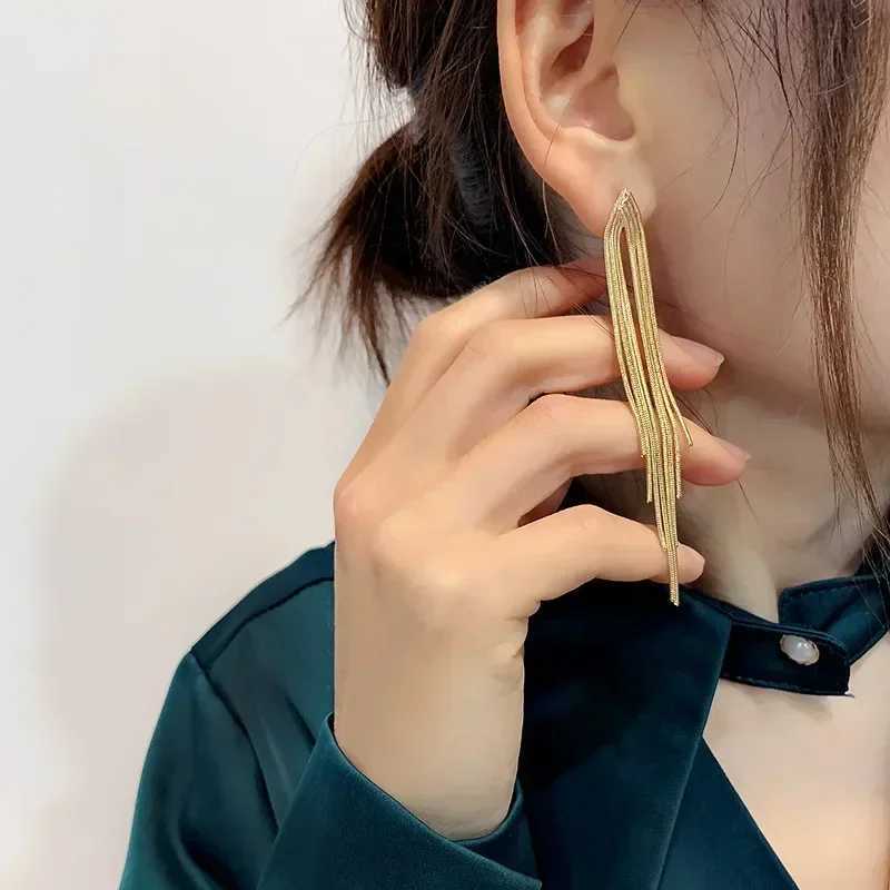Vintage Gold Color Bar Long Thread Tassel Drop Earrings for Women Glossy Arc Geometric Korean Earring Fashion Jewelry 2023 New J251021