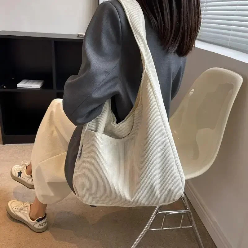 Canvas Shoulder Womens Tote Bag Corduroy Simple Casual Large Capacity Handbags For Women Travel Solid Shopper Bag 251021