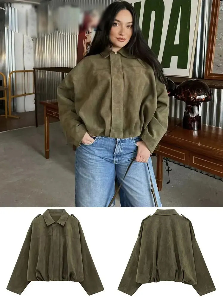 Woman Suede Bomber Jacket Long Sleeves Loose Zipper Coats Autumn Chic Vintage High Street Womens In Outwear 251021