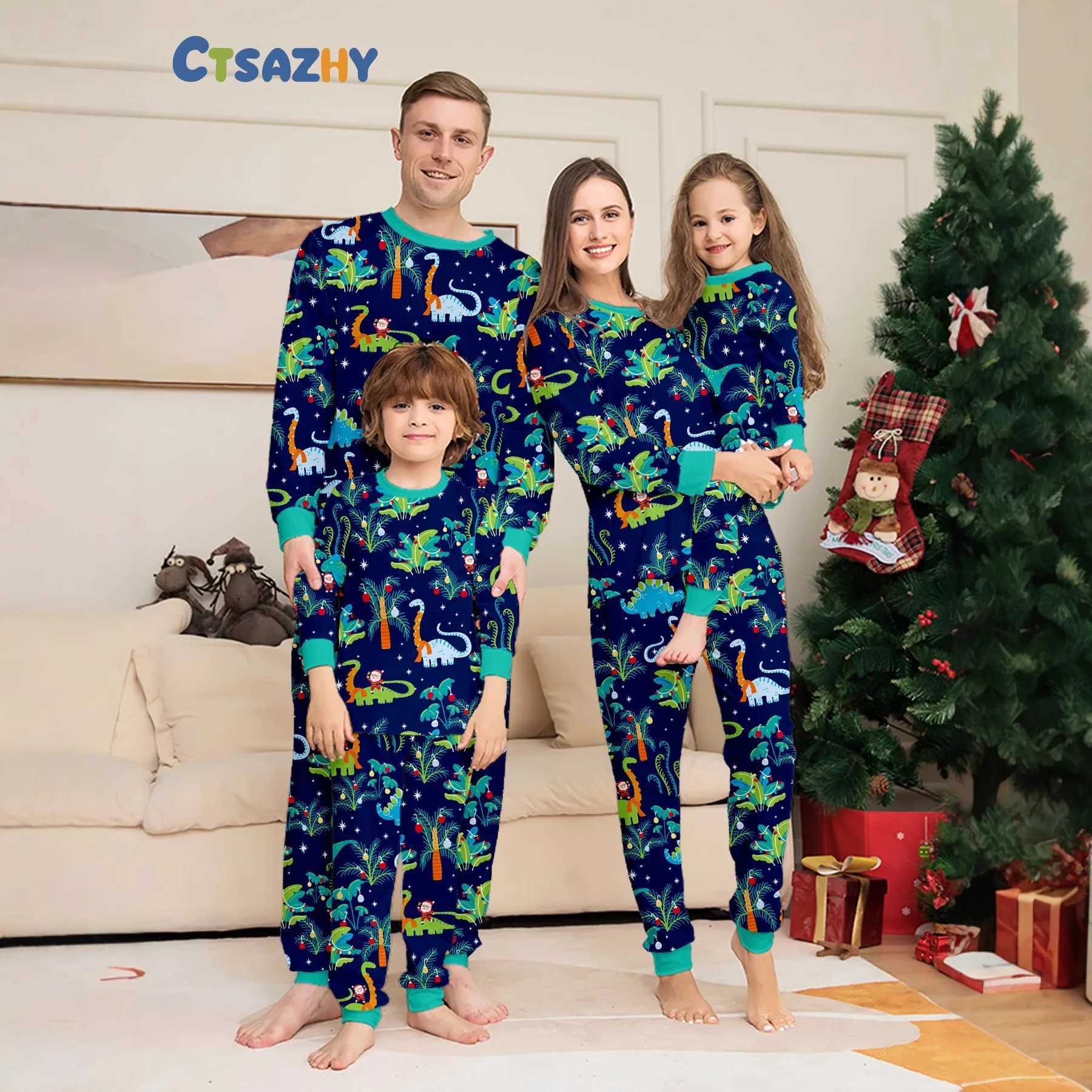 A family of boys girls babies and dogs with printed flowers European dinosaur Christmas parentchild pajamas and home wear L251021C211