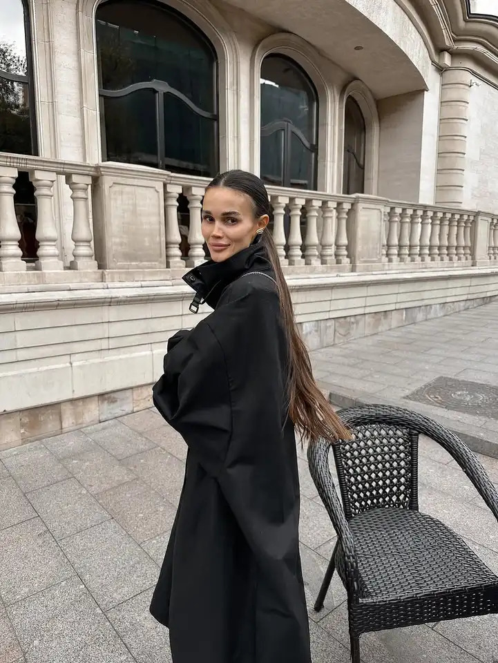 Black Stand Collar Long Trench Coat Women Chic Singlebreasted Sleeve Windbreaker Autumn Daily Lady Commute Jacket 251017