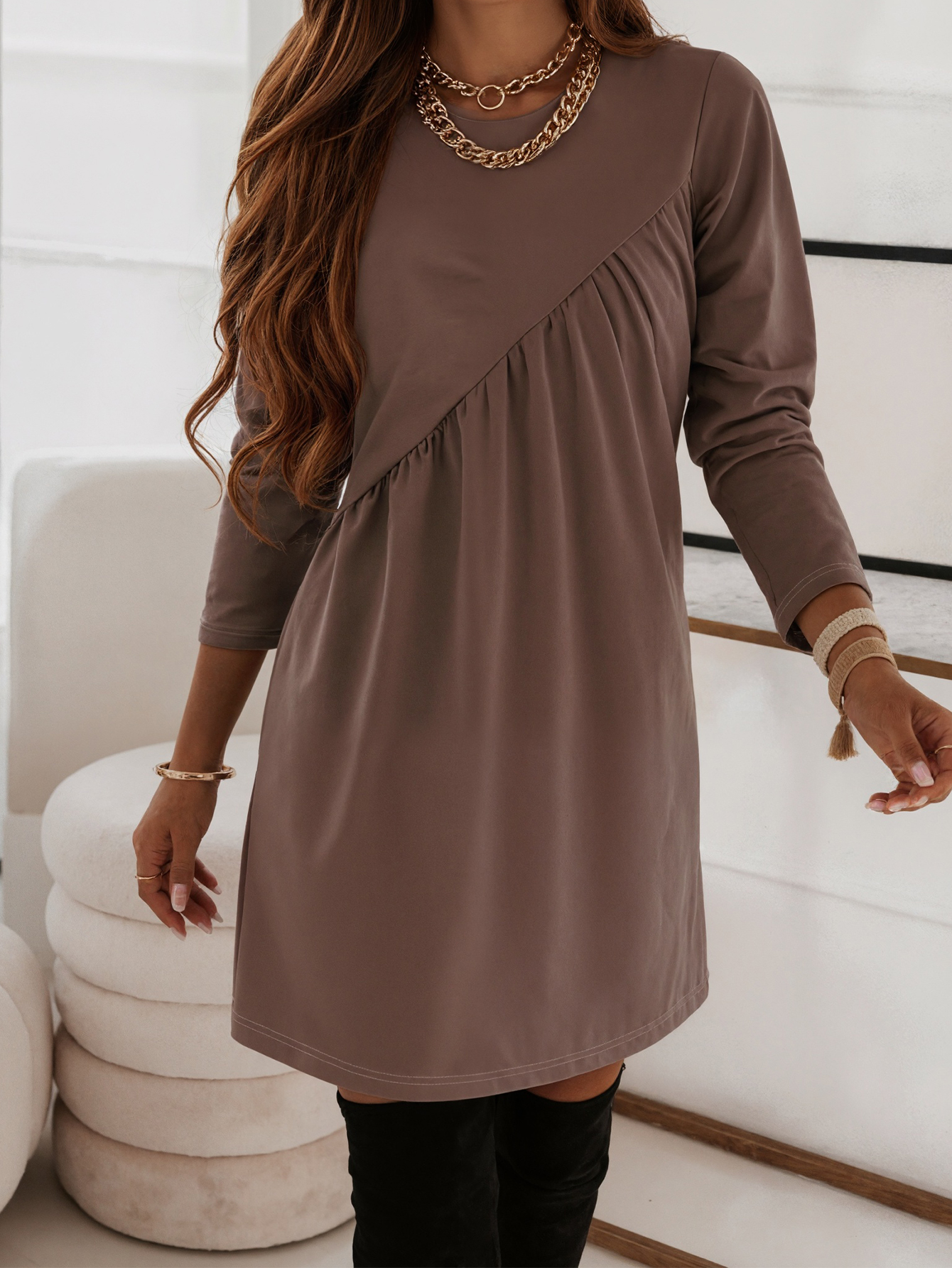 Women's Autumn & Winter Solid Color Printed Long Sleeve Dress, Milk Silk Elegant Office Casual Straight Dress (S-XXL, Brown/Black/Red/Green)-CF55