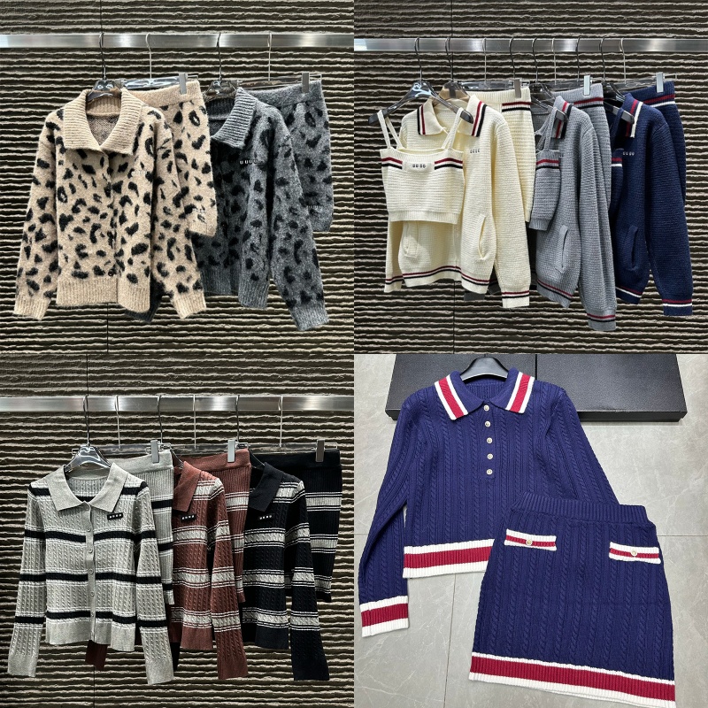 Women Preppy Style Knitted Skirt Set Designer Cardigan Camisole Wrap Skirt Outfits Sexy Leopard Embroidered Skirt