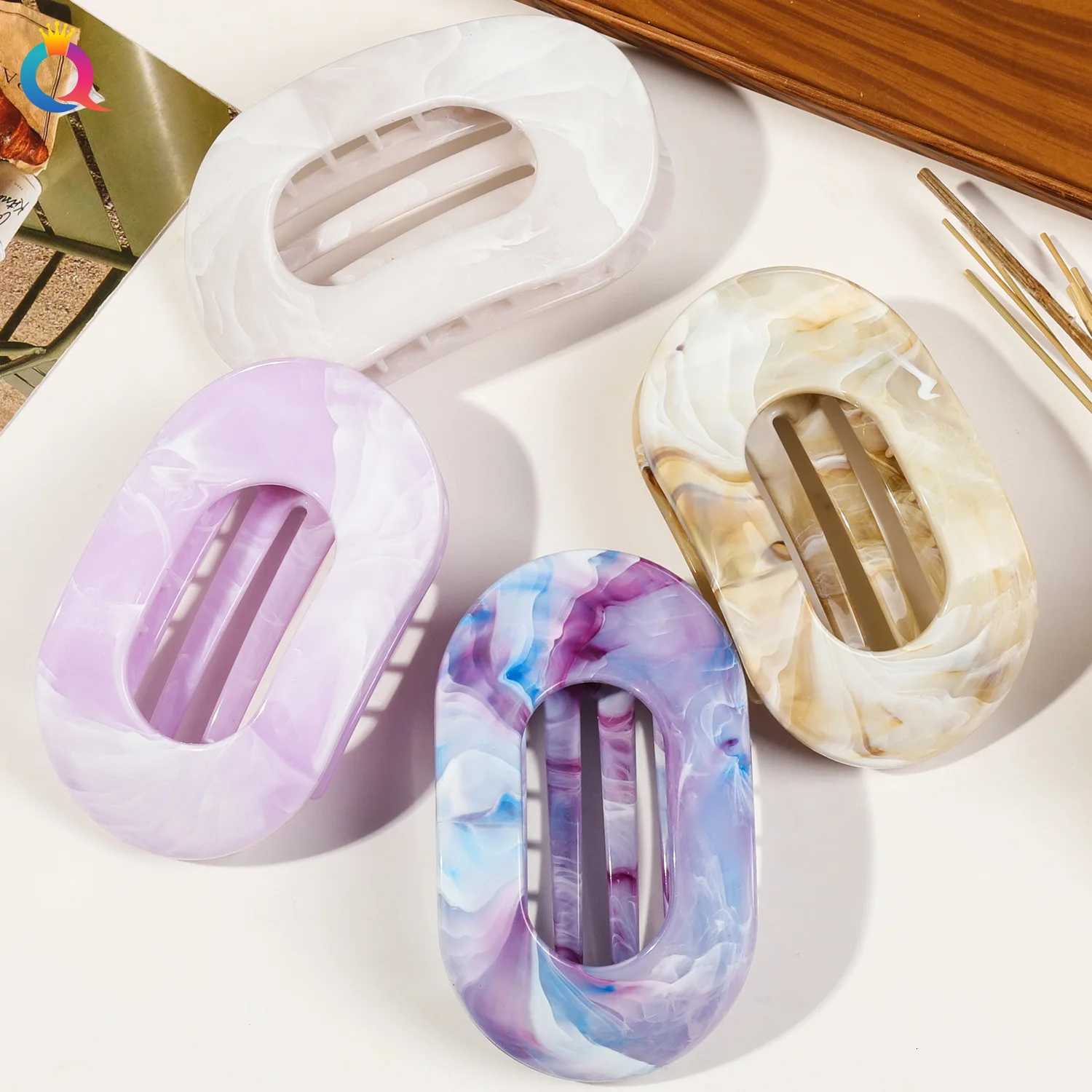 Fashion Oval Hair Claw Clips Women Elegant Marbling Acrylic Flat Circular Hair Grips Premium Colorful Updo Hair Pins BarrettesW254021