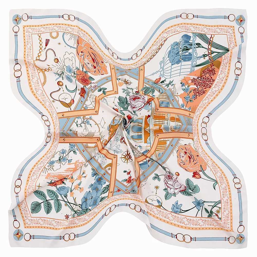 POBING Silk Scarf Women Large Shawls Back Garden Print Stoles Square Bandana Luxury Kerchief Hijab Female Foulards 130CM W251021