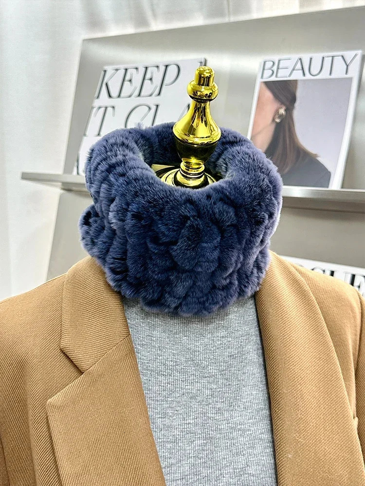 Women Real Rex Fur Handmade Stretch Scarf Knit Genuine Rex Rabbit Fur Headbands Girls Natural Fur Ring Cowl Snood Scarves Winter 251021