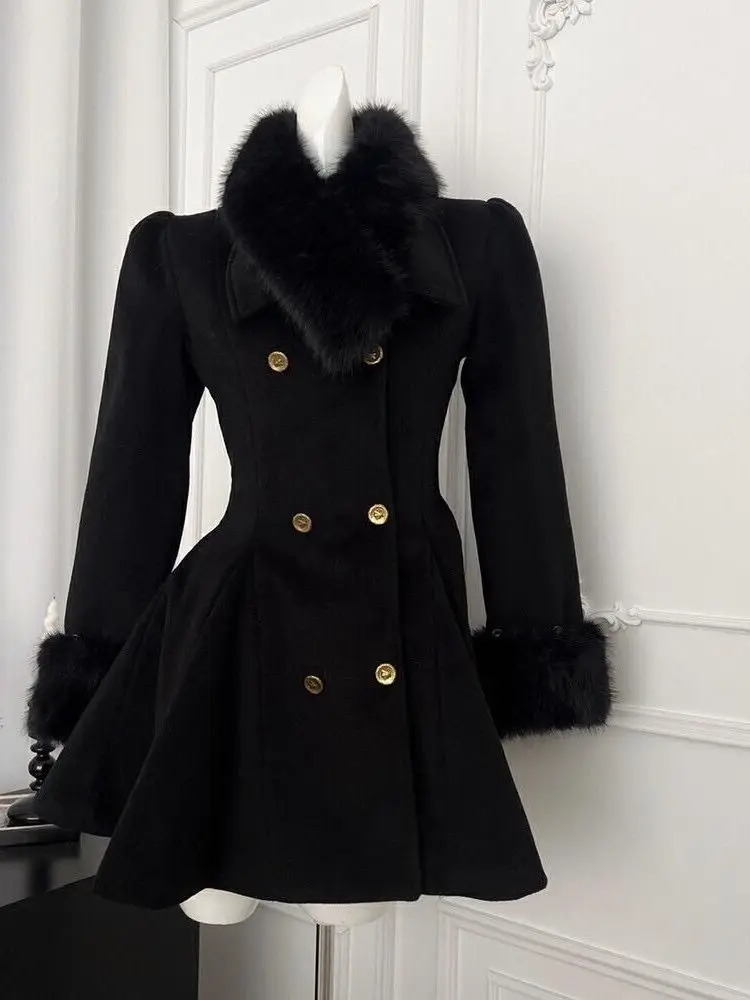 Winter Hepburn Black Fur Collar Woolen Coat French Style Vintage Blends Slim Midlength Outwear Elegant Lolita Warm Outfits 251017