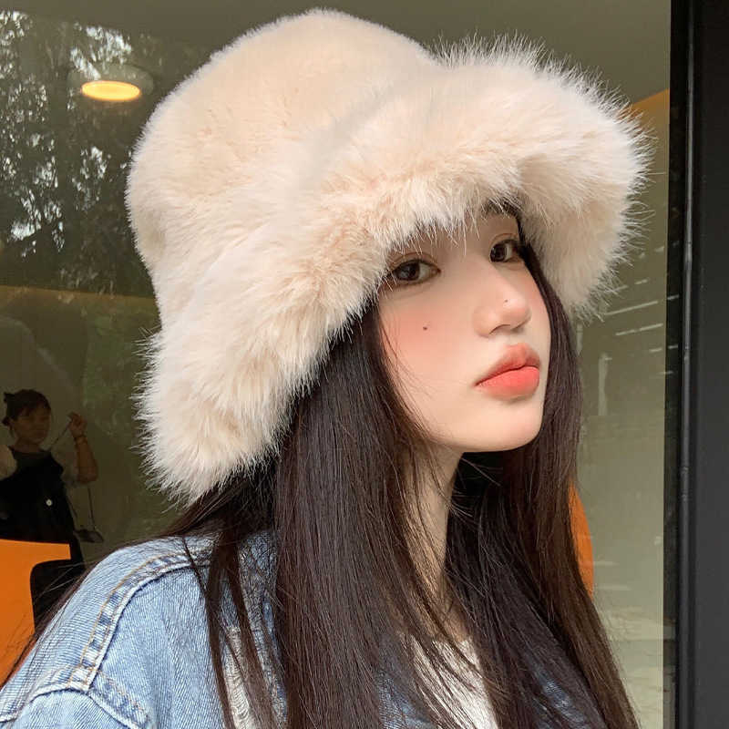Autumn Winter Plush Hat Faux Fur Mink Fur Warm Feel Women Slimming Windproof Hat Large Brim H251020