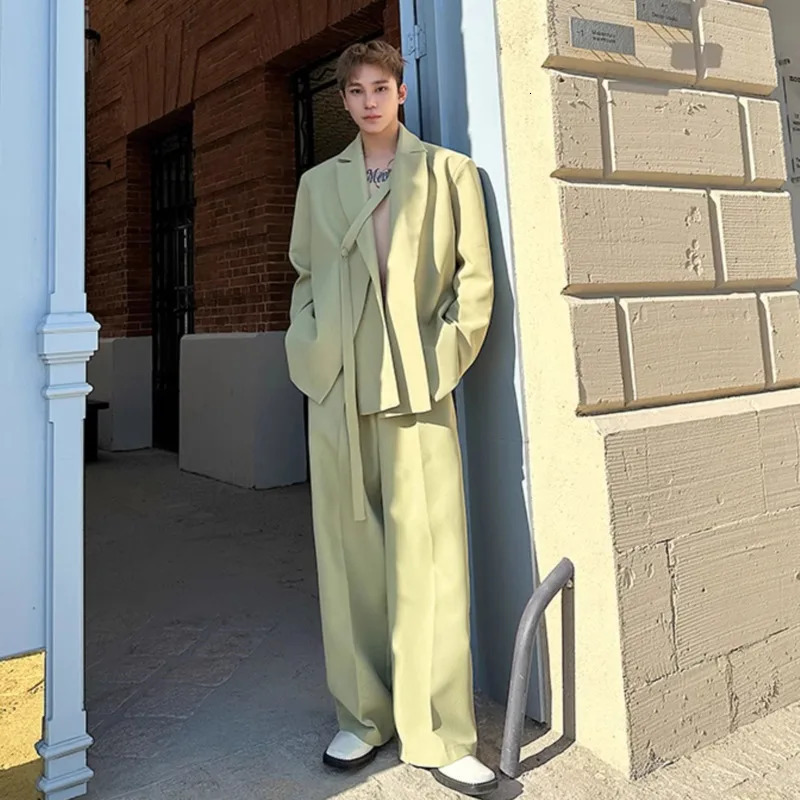 IEFB Niche Mens Twopiece Solid Color Double Layers Collar Laceup Blazer Casual Straight Leg Male Suit Pants Chic 9W679 251021