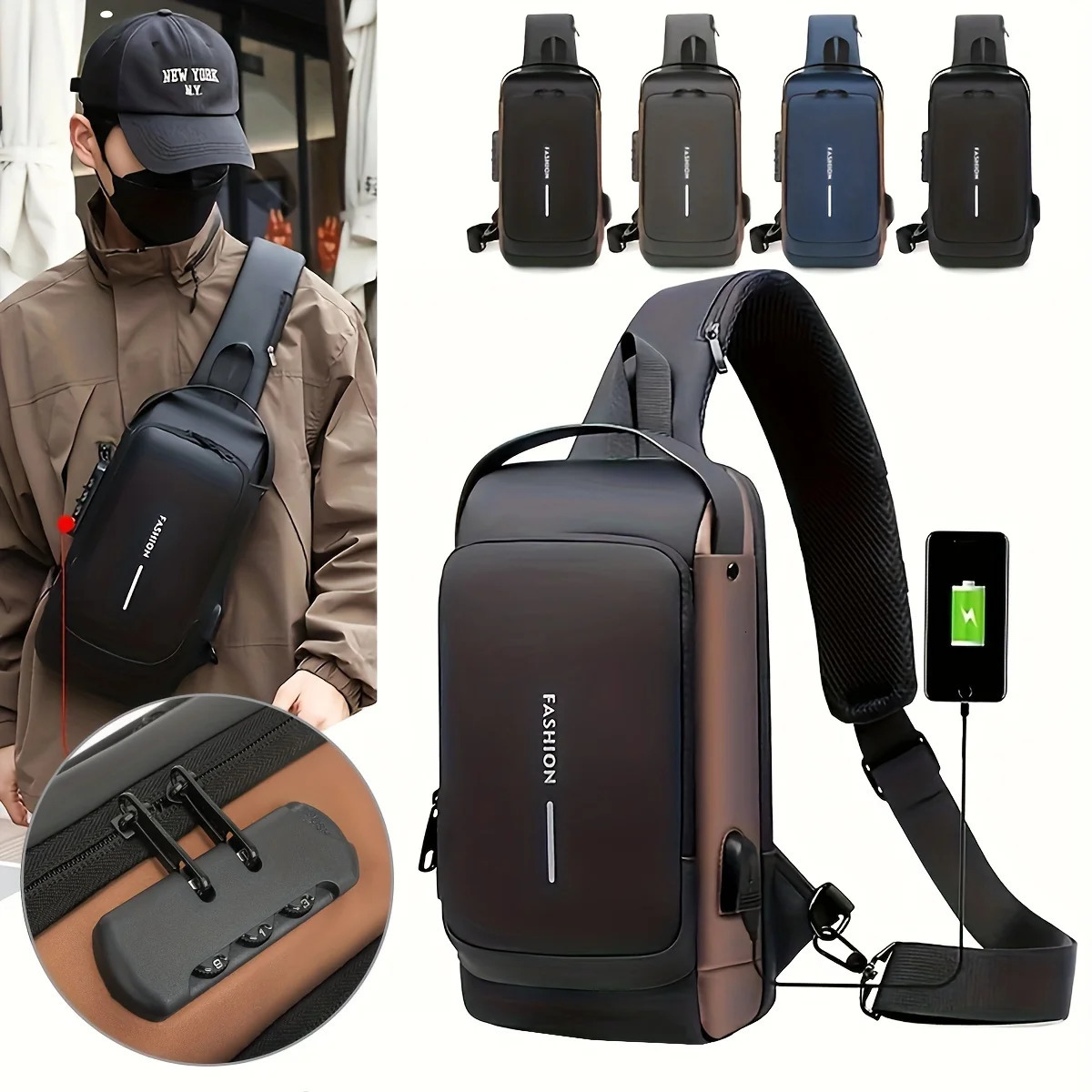 Password Lock AntiTheft Mens Bag Chest Casual Sports Small Backpack Shoulder Crossbody Motorcycle 251014