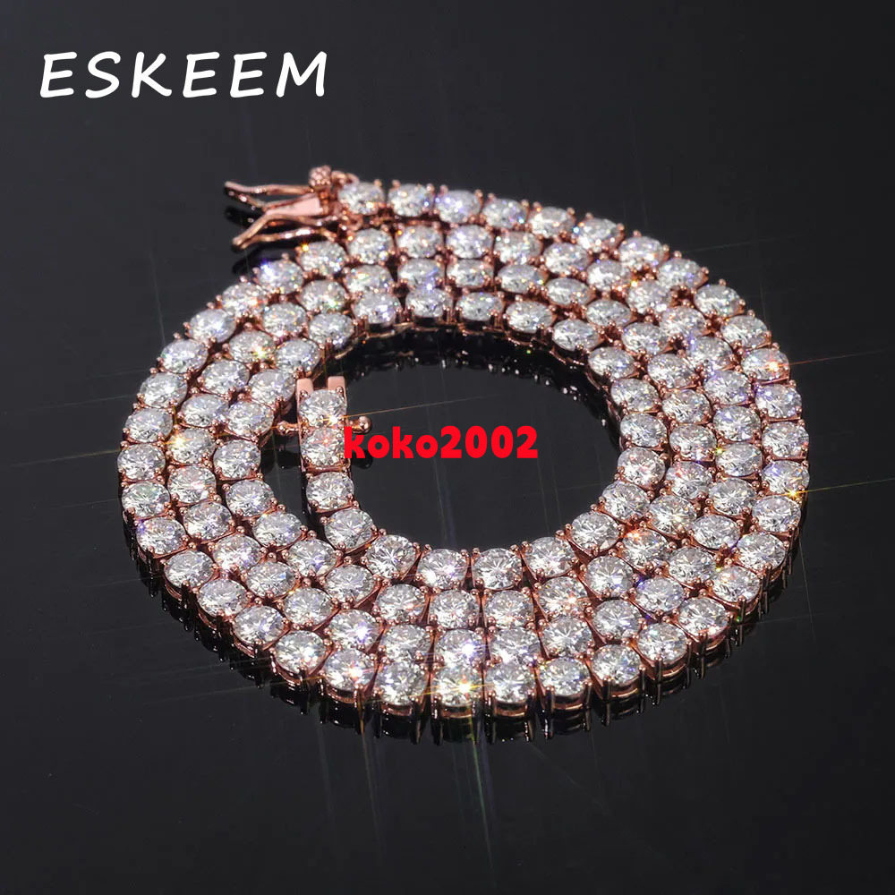 Eskeem Natural Diamond 3MM Moissanite Tennis Necklace Women Iced Out Round Brilliant Cut 925 Silver Rose Gold Plated Jewelry