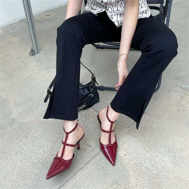 Shiny Leather Versatile One-Strap Pointed High Designer Shoe Heels 2025 Spring New Thin Heel Shallow Mouth Closed Toe Backless Sandals