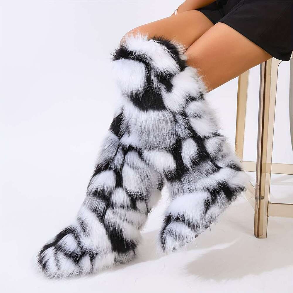 Faux Fur Boots Round Toe, Pull-On Closure, Flat Heel, PVC Comfortable Flannel Lined Footwear With Superfine Fiber Upper And