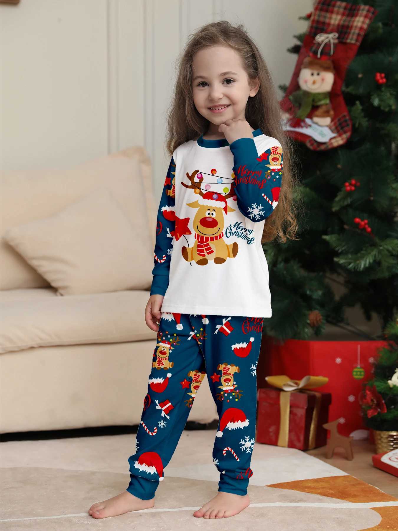 Christmas Family Pajamas Matching White Navy Set with Reindeer Lights Prints L25102134WD