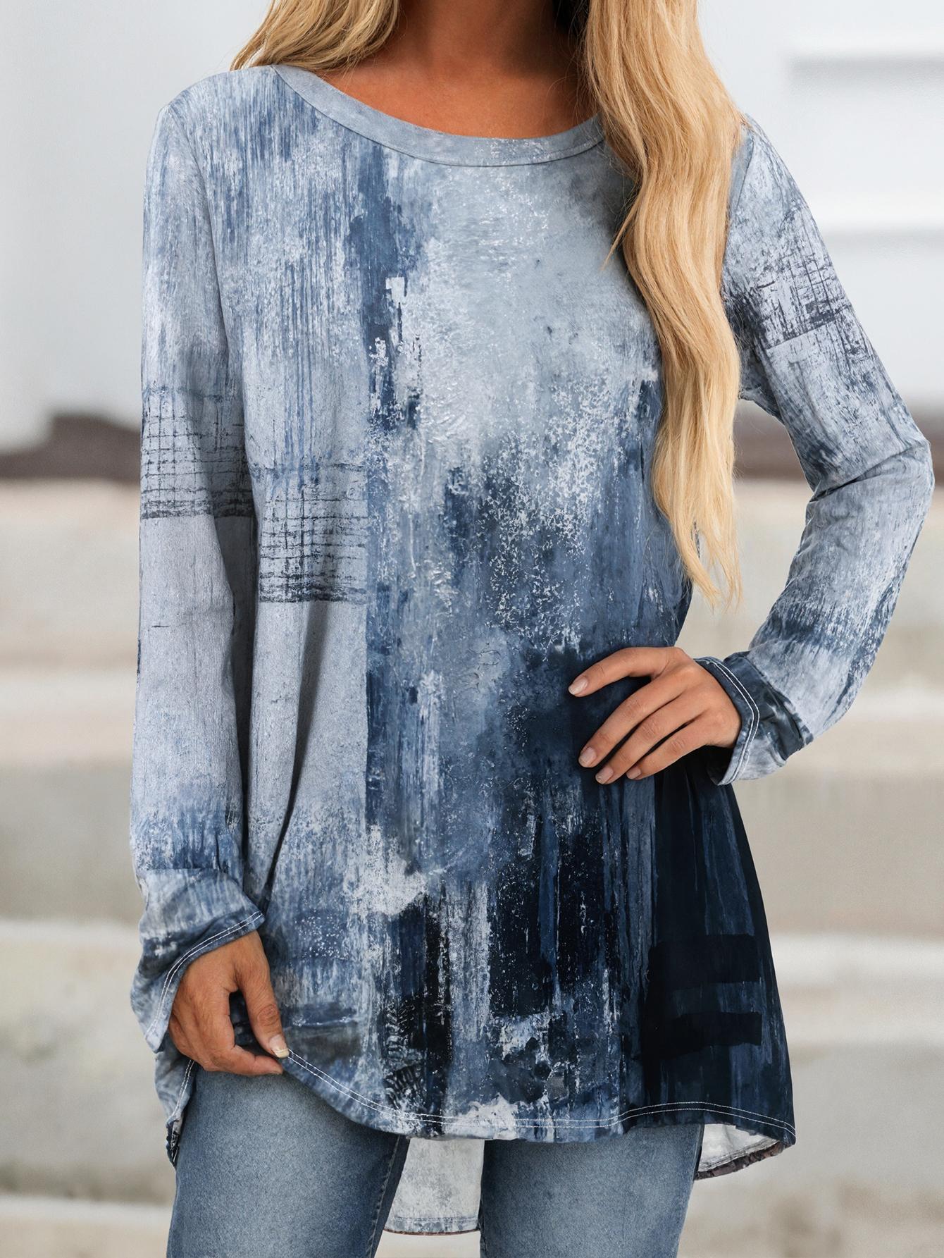 Women's Early Autumn New Full-Body Printed Crew Neck Long Sleeve T-Shirt, Milk Silk Fashion Vacation Women's Top (S-XXL, Blue)-CF53746