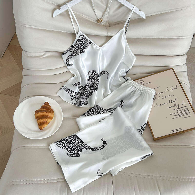 Leopard Print Camisole and Long Pants Fashionable Imitation Silk Homewear Pajama Set