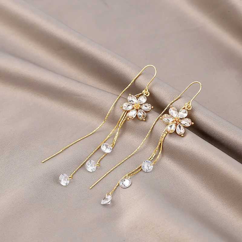 Luxury Shiny Zircon Flower Drop Earrings for Women Temperament Long Tassel Ear Line Crystal Earring Girls Party Wedding Jewelry J251021