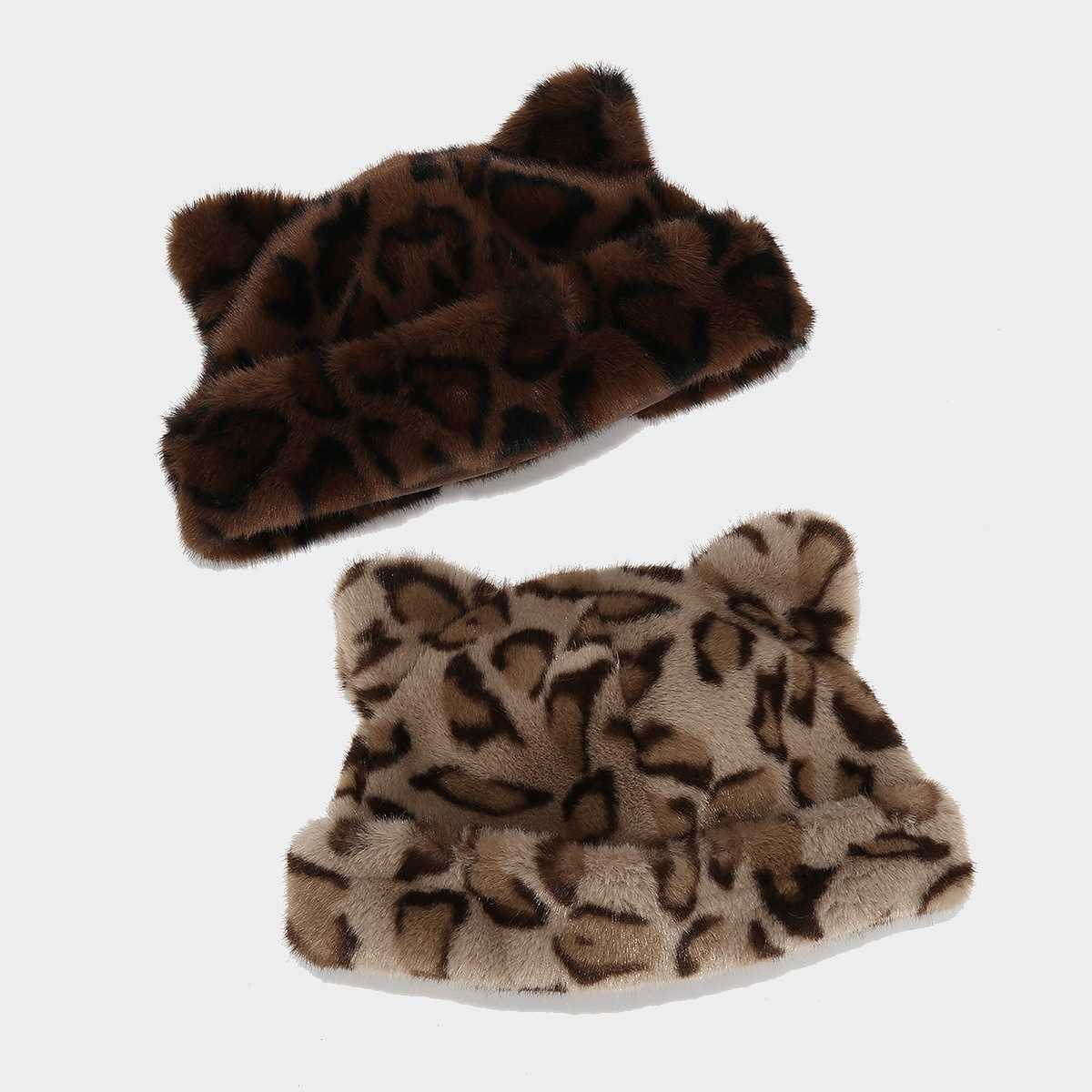 Fox Ear Leopard Print Plush Hat for Women Autumn and Winter Versatile Headwrap Hat Thickened Coldproof Warm Pullover Hat H251020