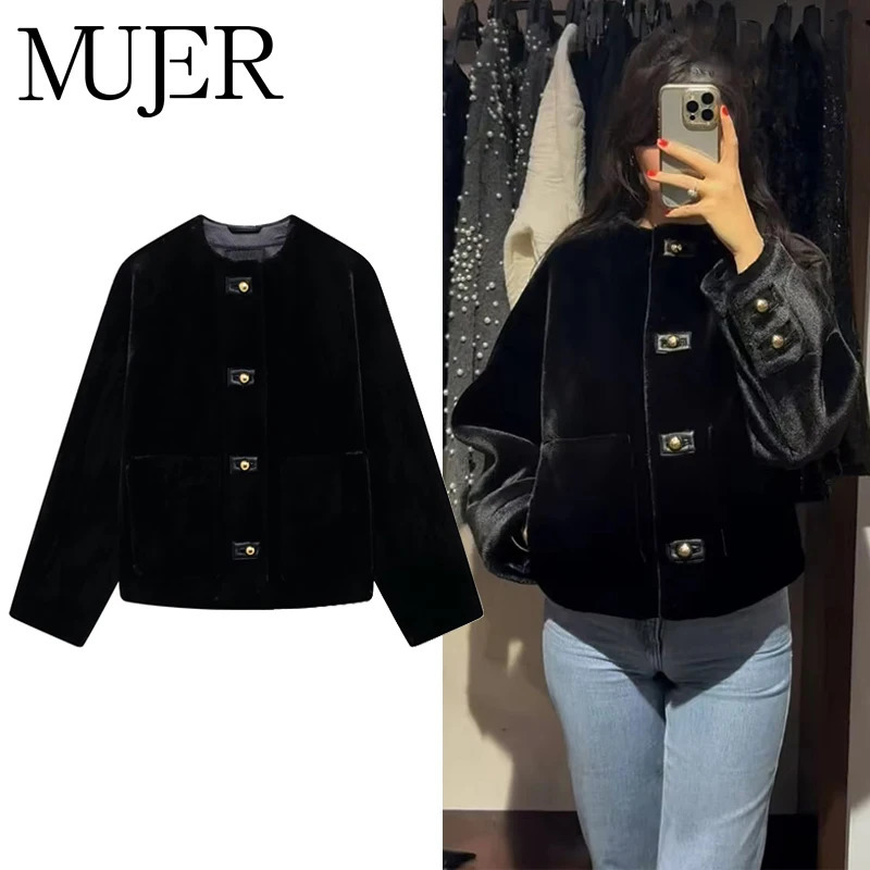 MUJER Black Faux Fur Jackets for Women Plush Demiseason Jacket Long Sleeve Winter Coat Female Warm Womens 251021