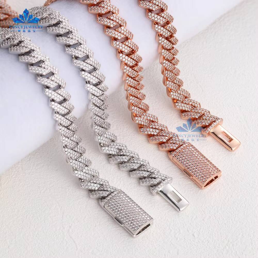 Hot Sale 8mm 10mm 12mm Classic Moissanite Cuban Link Chain 925 Sterling Silver Rose Gold Cuban Moissanite Chain for Men
