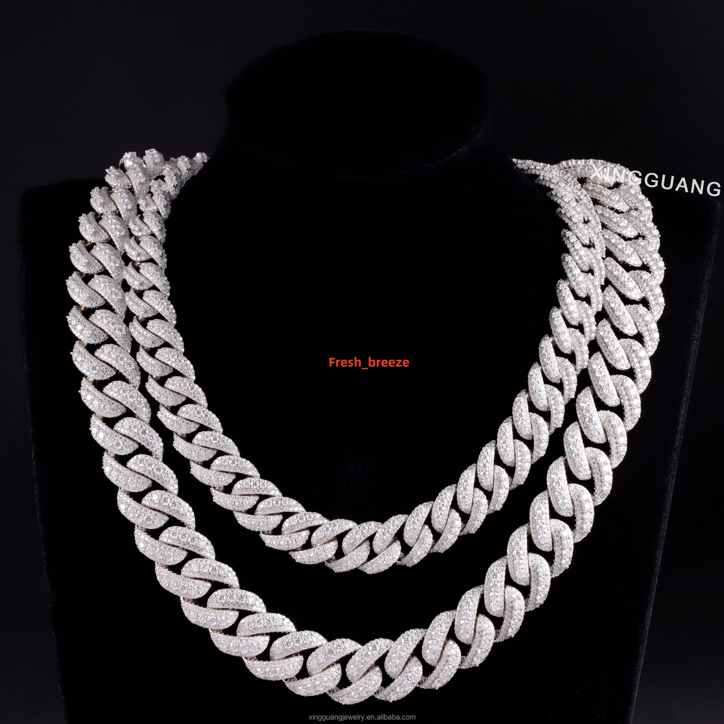 Handmade Jewelry 14mm 18mm 3row Hip Hop Necklace Cuban Chain 925 Sterling Silver with Round Brilliant Cut Moissanite Cuban Chain