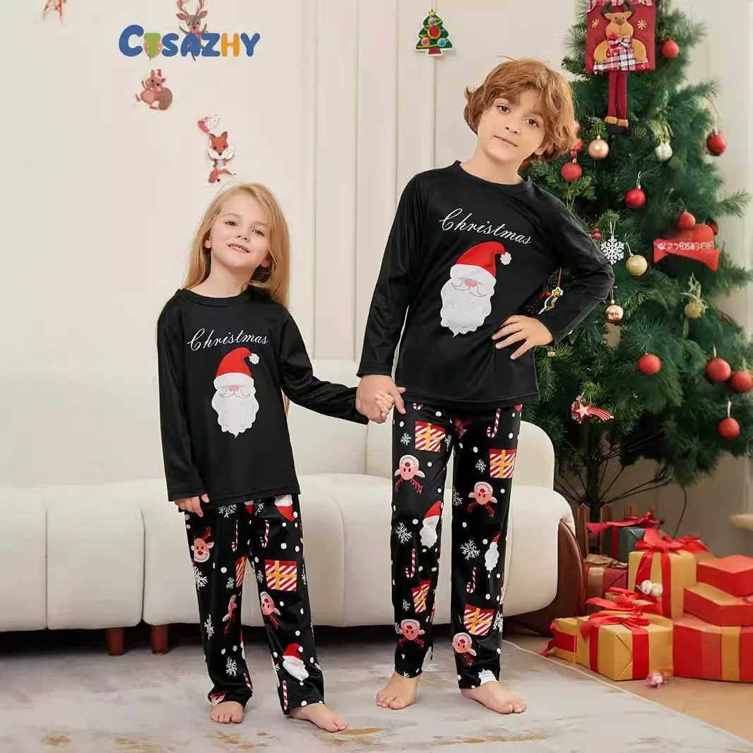 2025 New Christmas parentchild pajamas European and American longsleeved black set Santa Claus reindeer print home wear L2510218R47