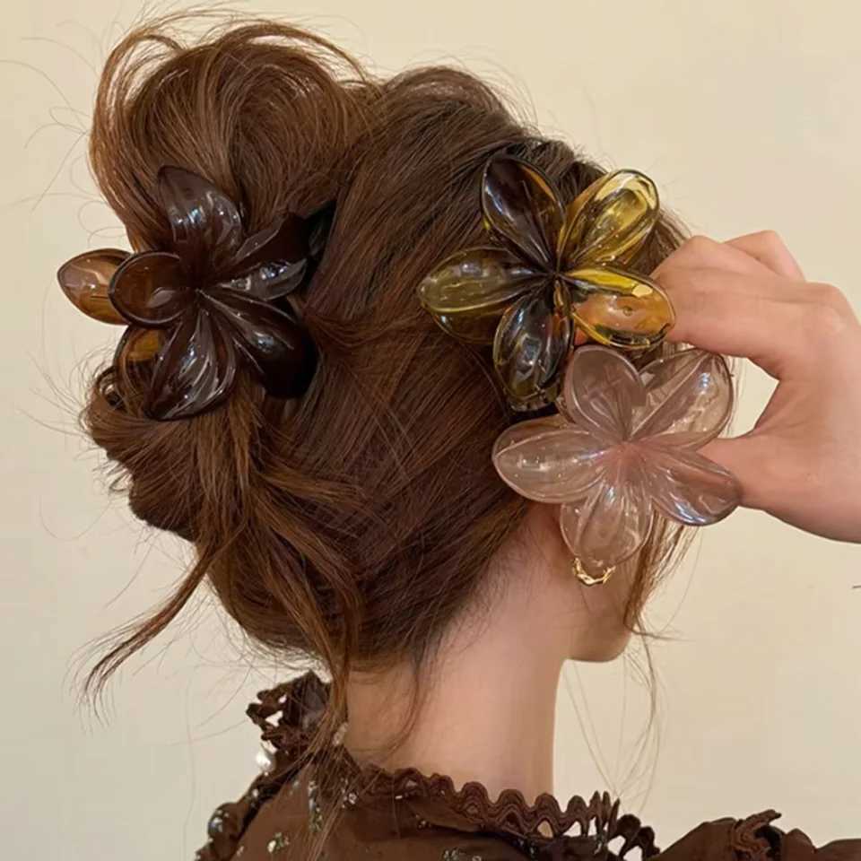 Womens Laser Mermaid Princess Flower Shaped 8cm315in LargeSize Brown Beige Lightweight Plastic Hair Clips FashionableW254021