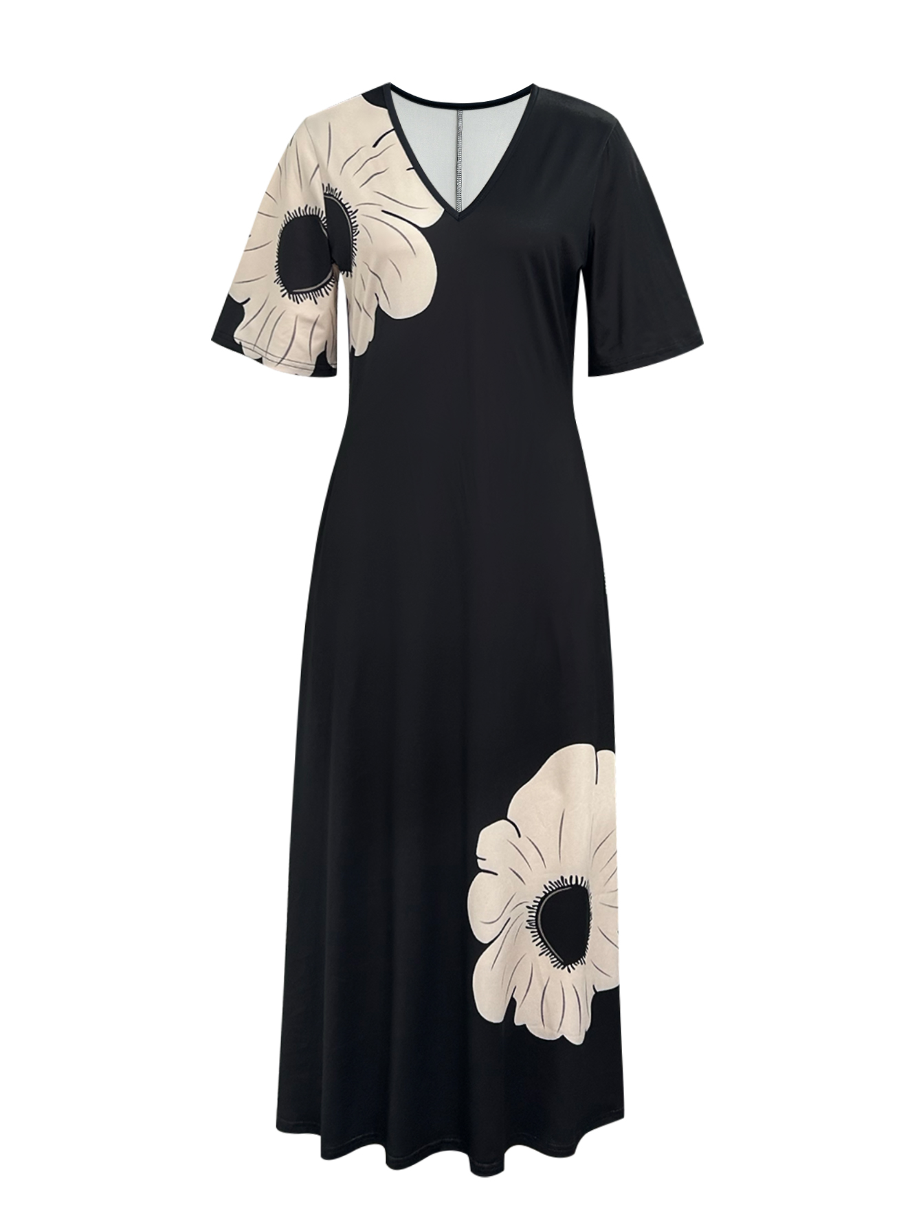 Women's Spring & Summer Elegant Floral Printed Versatile Dress with Pockets, Milk Silk Fashion Midi Dress-CF52596