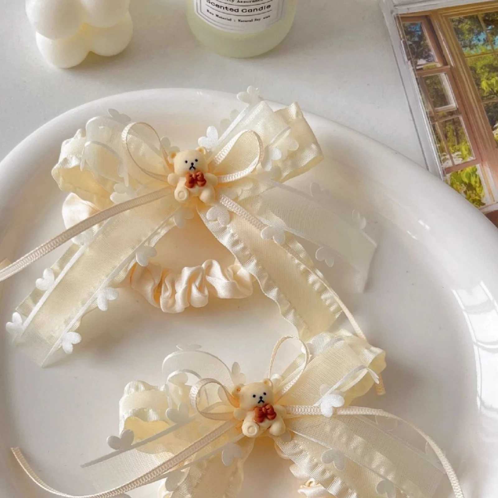 2PCS Cute Cream MultiLayer Ribbon Hair Clips Bangs and Seaside Clips Hair Rope Double Ponytail HeadwearW254021