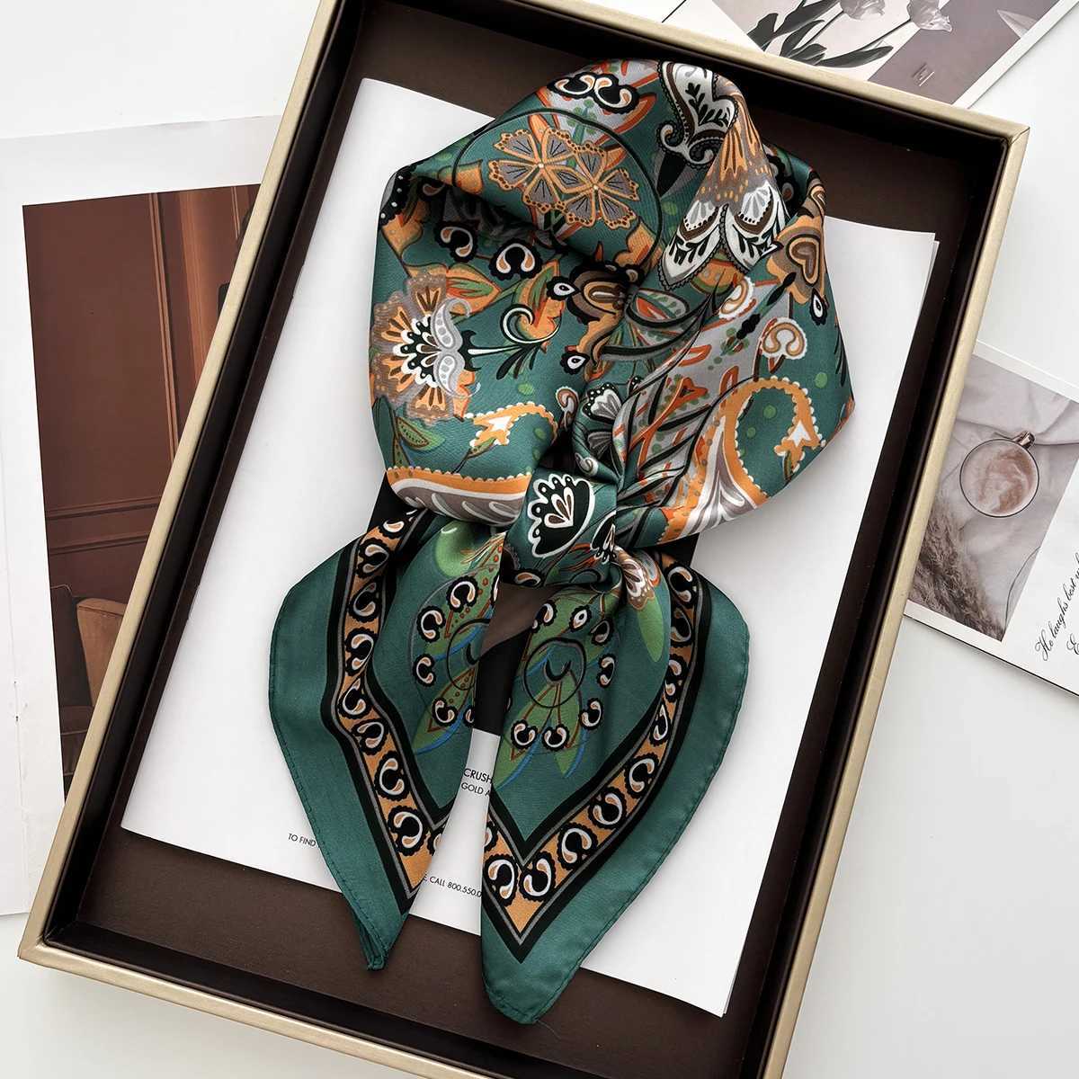 Spring Summer Lotus Print Satin Scarf Square Neckerchi for Wen Wrap Fashion Decorative Accory BandanaW251021