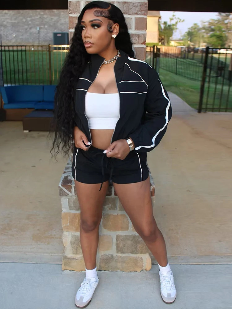 Nibber Fashion Casual Sporty 2 Piece Set Women Zipper Cardigan PoloNeck JacketDrawstring Skinny Shorts Daily Slim Tracksuits 2501021