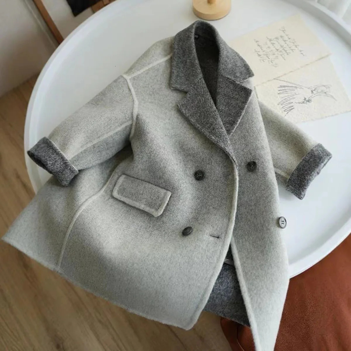 Childrens Autumn and Winter Gray Doublesided Cashmere Coat for Boys with Color Combination and Thickened Woolen Coat 251017