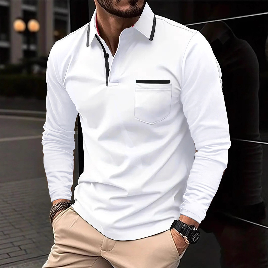 Mens striped plain retro polo shirt spring and autumn long sleeved business mens basic pocket casual loose top240807