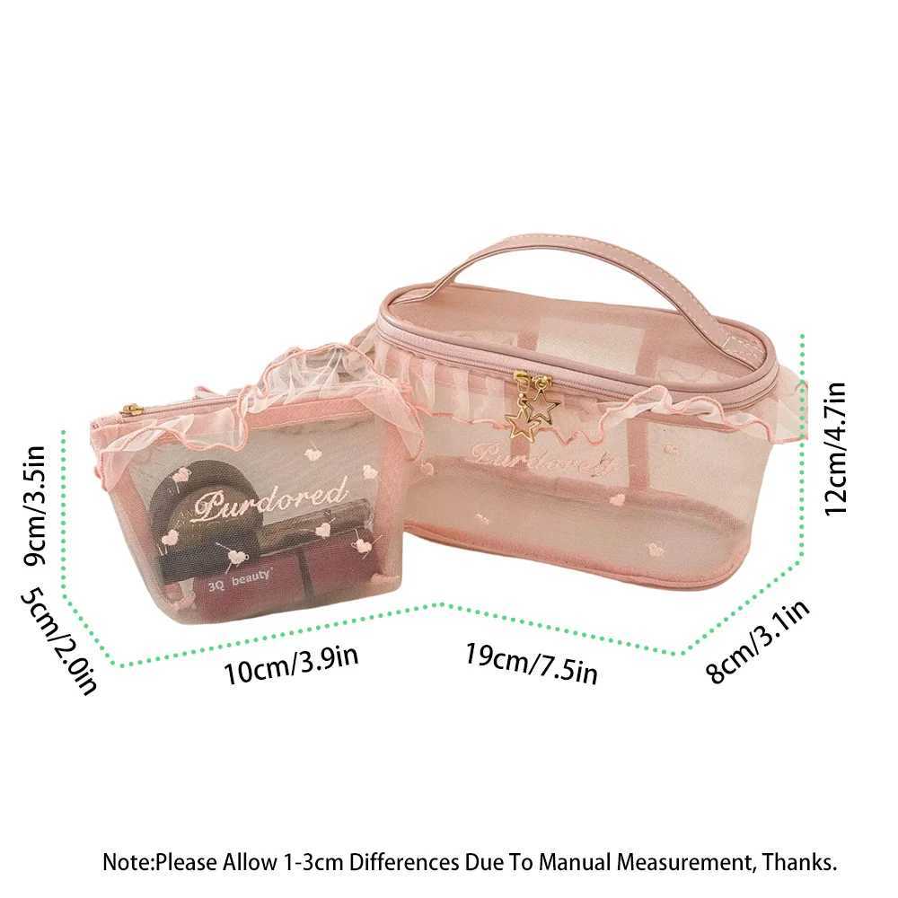 1pc Purified Red Mesh Makeup Bag with Ruffle Detail Love Embroidery Cute Portable Cosmetic Organizer for Girls Toiletry PouchW251021