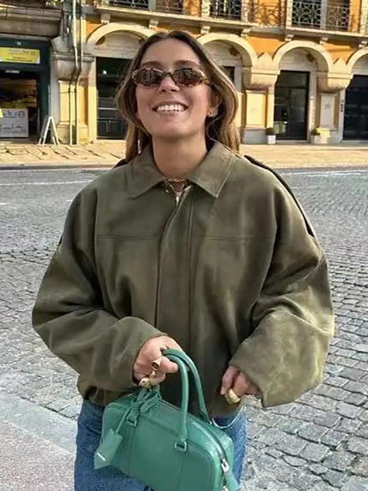 Vintage Women Green Oversize Bomber Jackets Fashion Ladies Elegant Loose Soft Outfits Jacket for Party Female Chic Clothes 251021