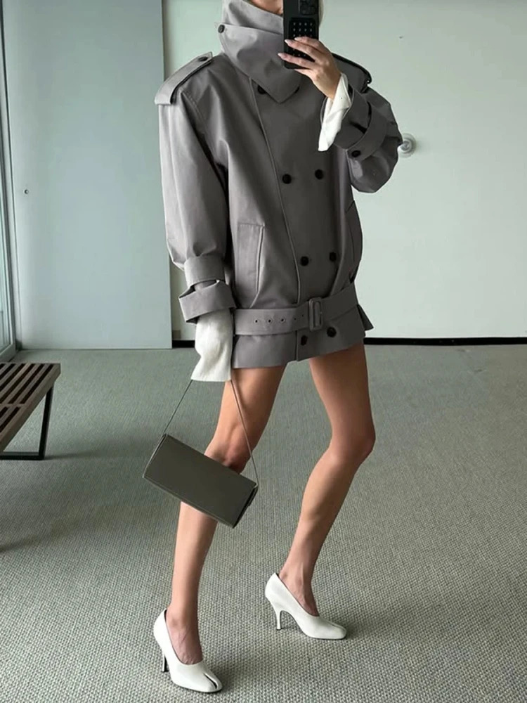 Winter Sexy Lapel Neck Double Breasted Slim Coat With Belt Women Gray Long Sleeve Button Jacket Windbreaker Evening Party 251013