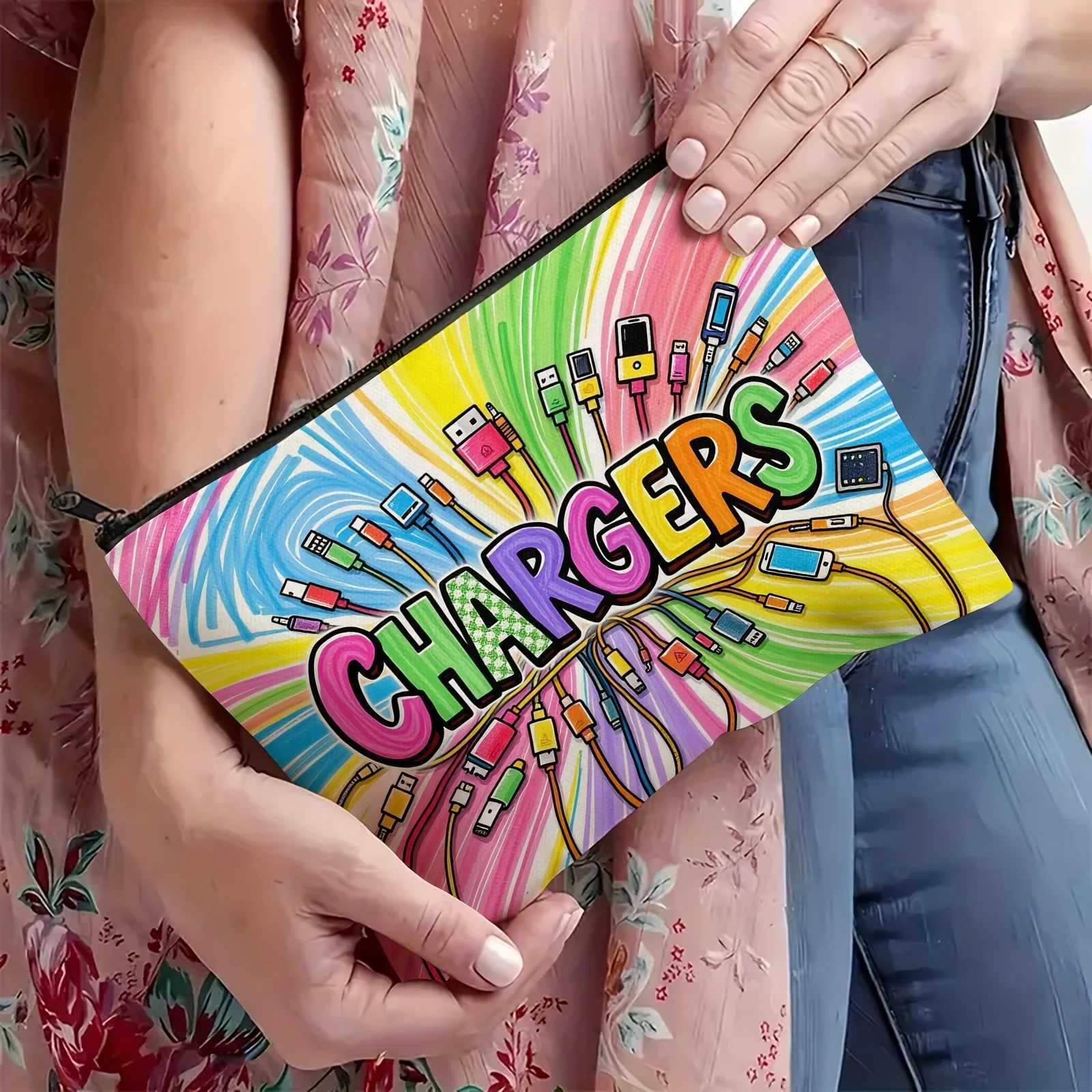 Crayon Drawing Style Charger Tech Illustration Makeup Bag Durable Fabric Zipper Pouch Compact Travel OrganizerW251021