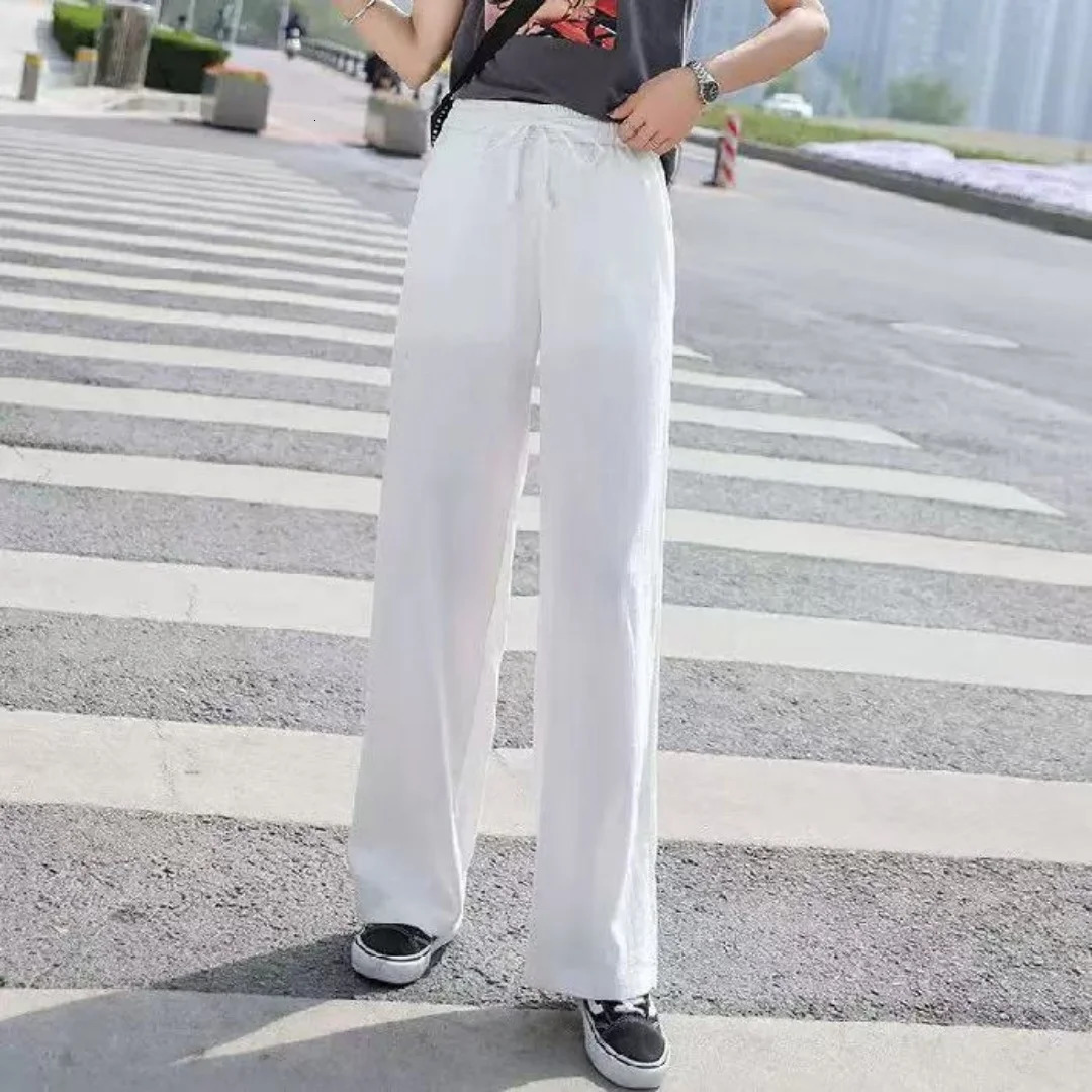 Solid color Women AnkleLength Wide Leg Pants Casual Summer Elastic Waist Loose Ice Silk Spring Female Trousers 251015