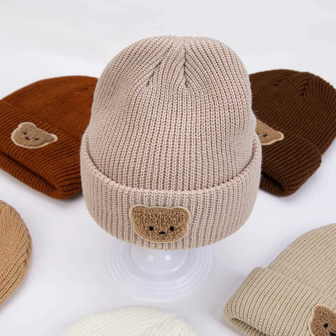 Cartoon Bear Baby Knitted Hat Solid Color Woolen Crochet Bonnet 636Month Boys Girls Winter Warm Beanies Children Pullover Cap J251021