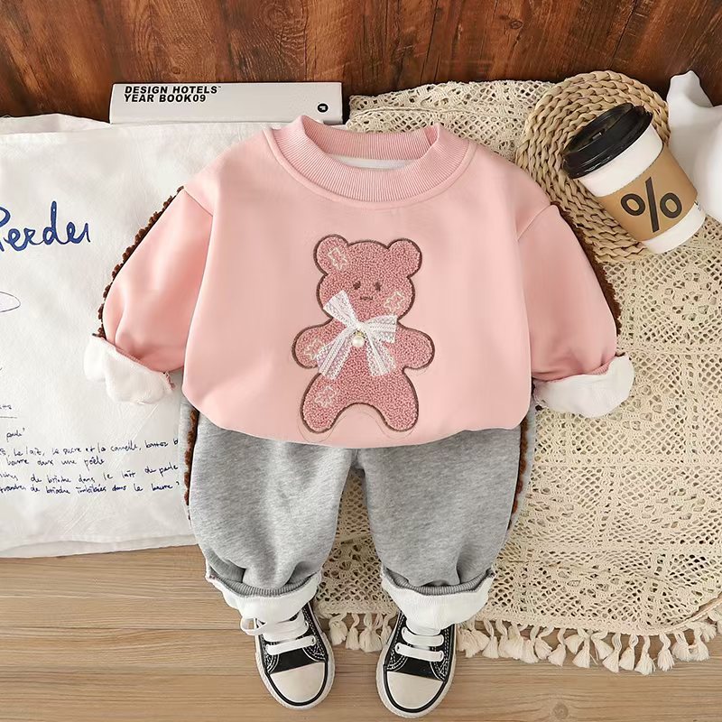 2025 Girls Bear Print Fleece-Lined Set 2-Piece, Adorable Crewneck Hoodie & Pants, Cozy Winter Outfit for Toddler Girls