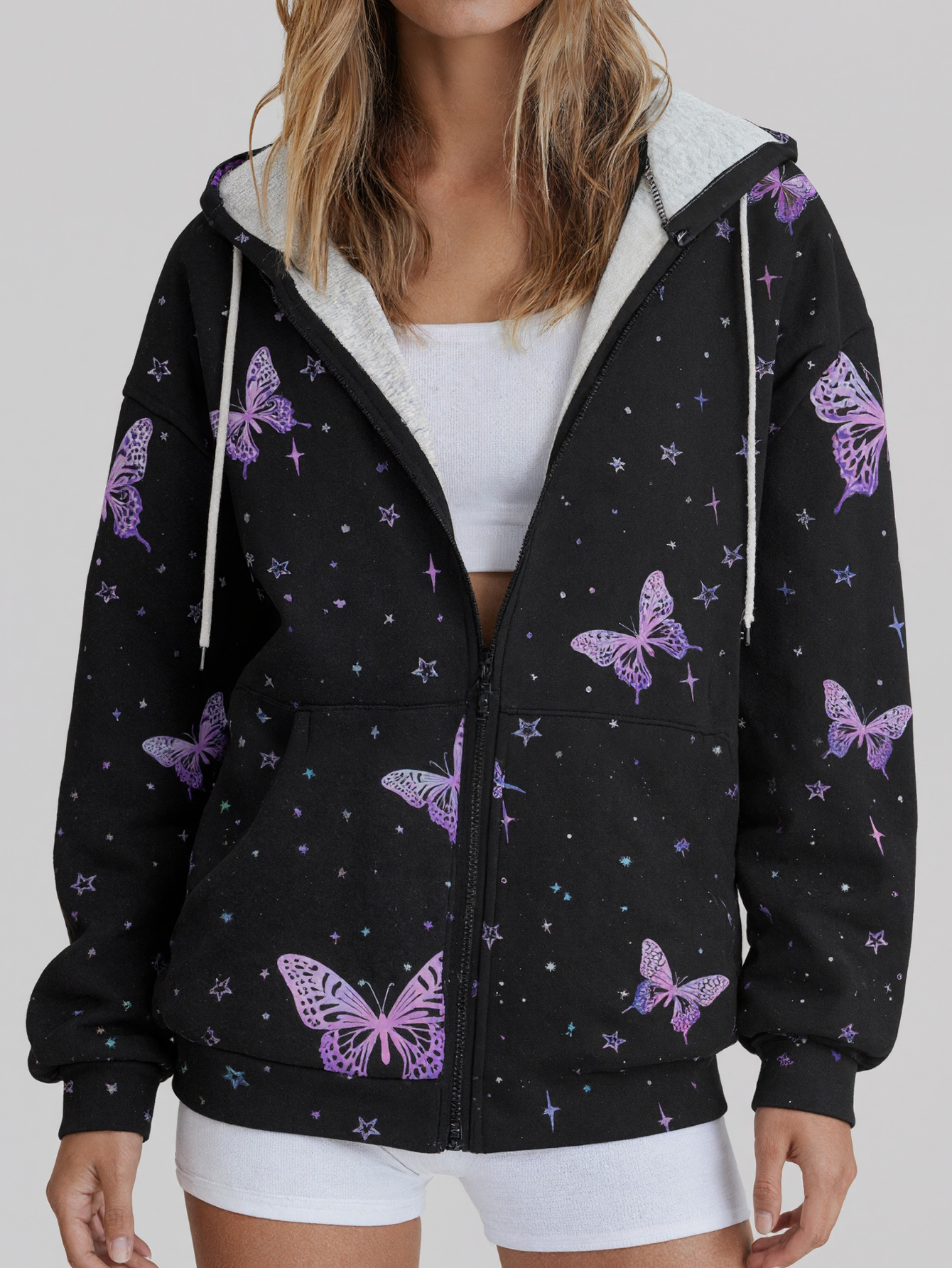 Women's Autumn & Winter New Butterfly Printed Hooded Jacket, Milk Silk Casual Commute Versatile Zip-Up Coat (S-XXL, Black)-CF41100