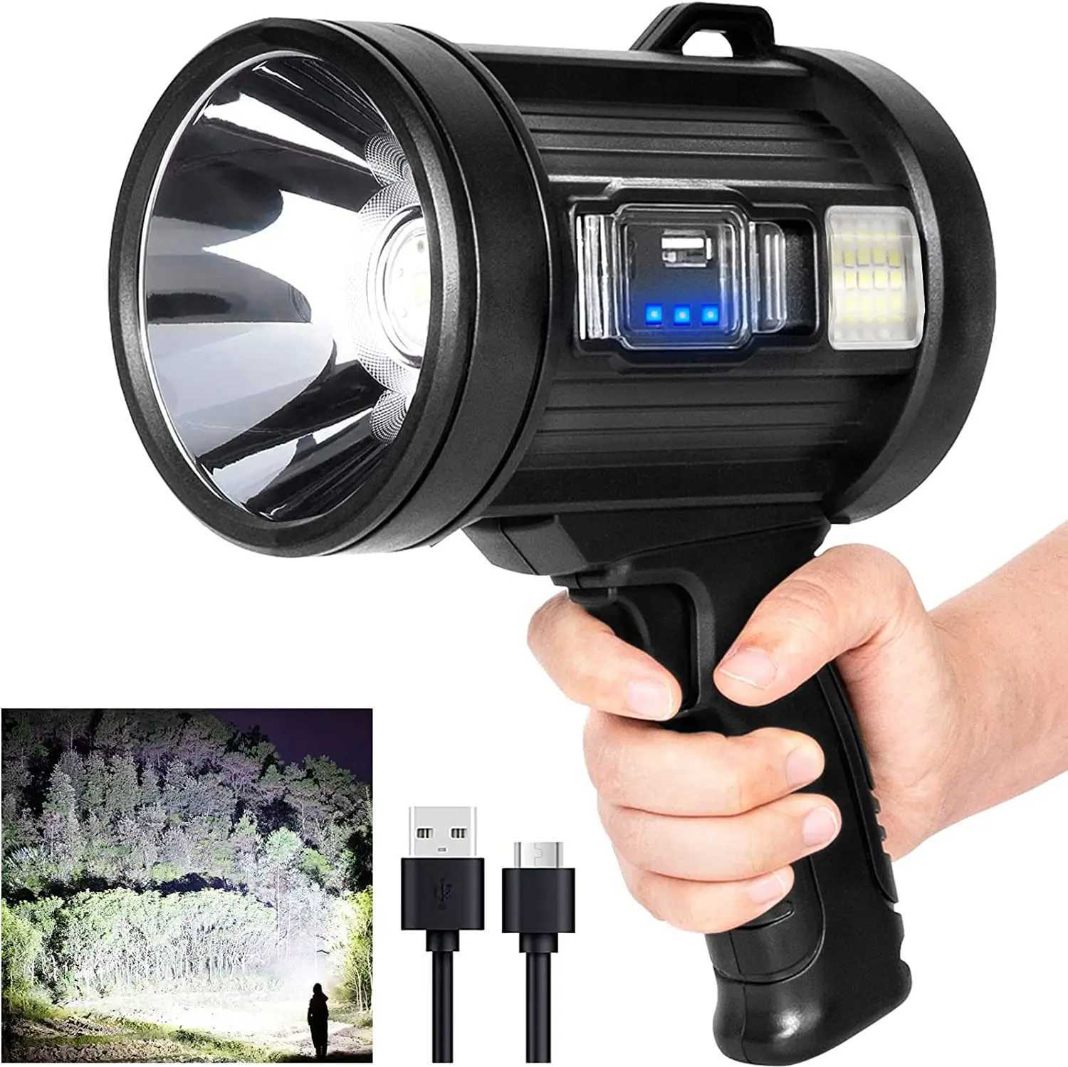 Rechargeable Spotlight 1000000 Lumens Handheld Hunting Flashlight Led Spot light with Cob Light and Solar Panels for Camping W251114