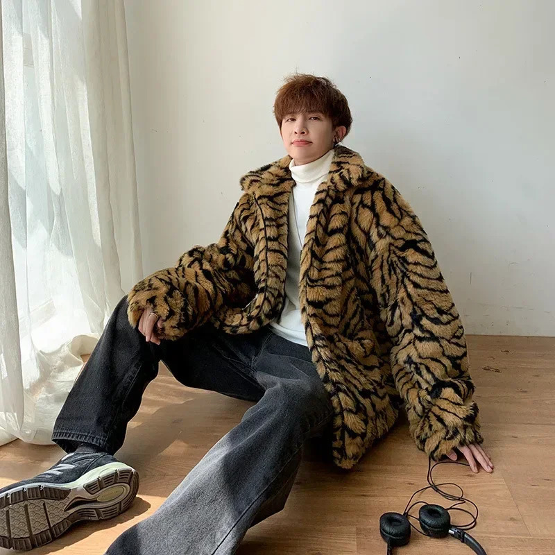 Tiger Stripes Printed Men Jacket Loose Fluffy Fur Leopard Print Long Sleeve Coat 251021